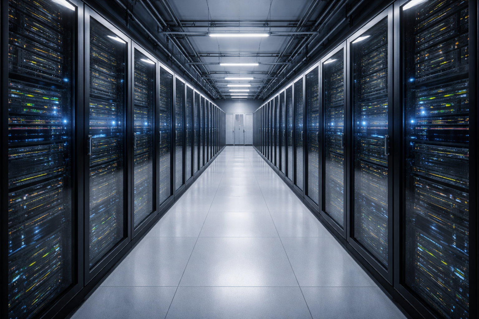 Rows of illuminated server racks in a data center corridor