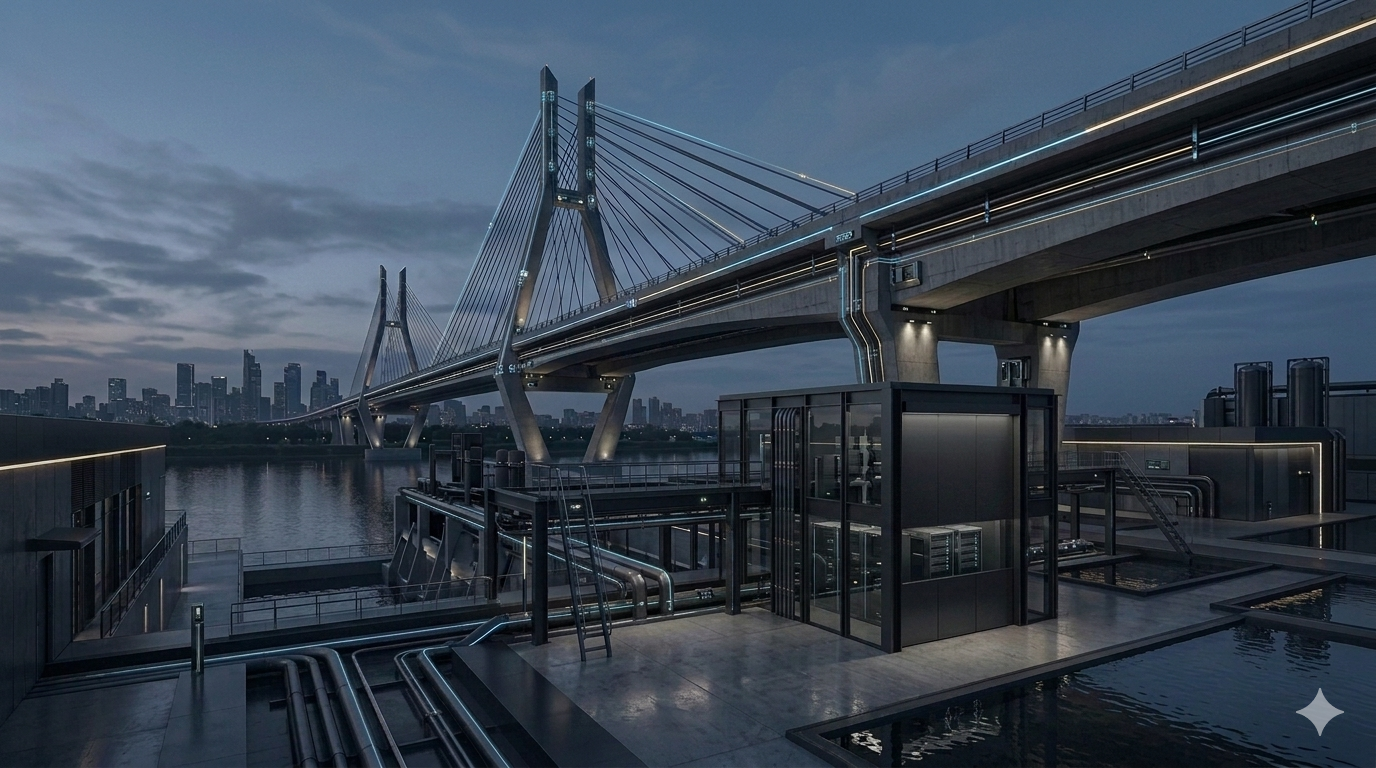 Cable-stayed bridge and waterfront infrastructure systems at dusk