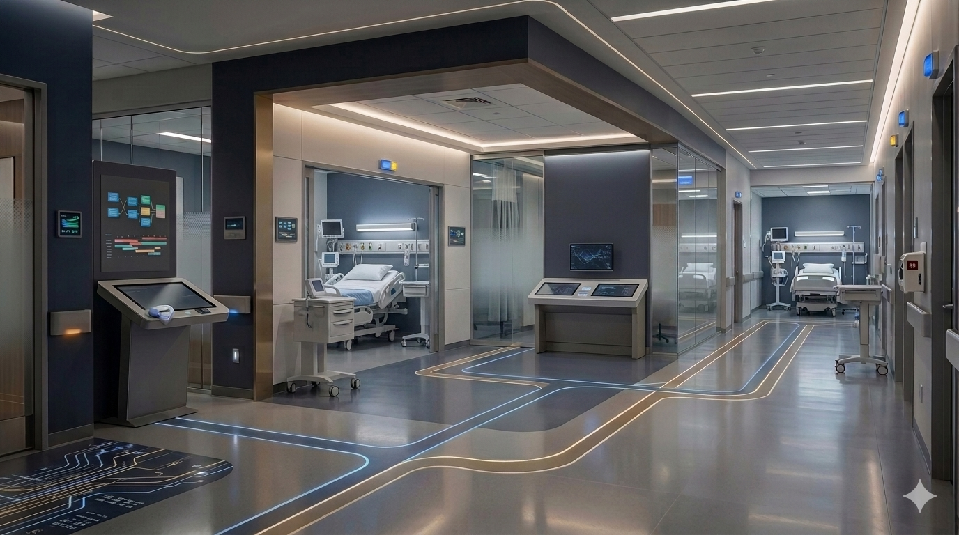 Modern hospital corridor with integrated care routing lights